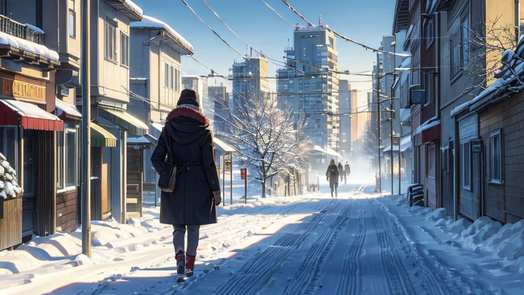 A person walking through the snowy city on a winter day. The scene includes snow-covered streets, old buildings with winter decorations and people in warm coats. The atmosphere is quiet and welcoming, with a light mist in the air.