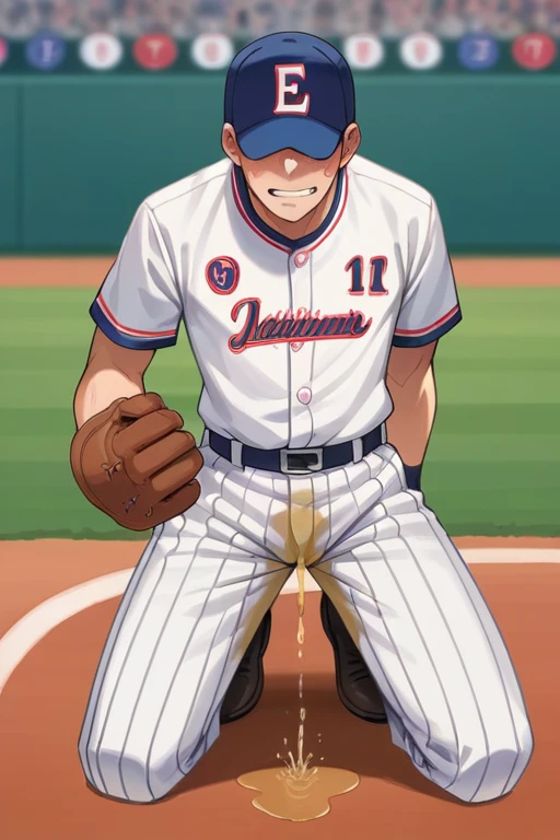 20 years old slender and mascular man in his baseball uniform is peeing himself when he is playing baseball. but he couldn't hold his pee. There's a large pee wet spot on his pants. Pee stain on his crotch.He wears a glove on his right hand. He looks ashamed of peeing himself. Anime