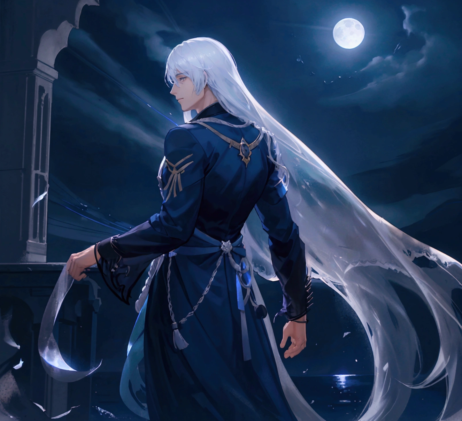 Late at night, a young man backlit by moonlight. A man in his 20s, profile, silver hair, long hair, bluish color tone, handsome young man, strong backlight, moonlight, Arabian costume, clear contrast between light and dark。