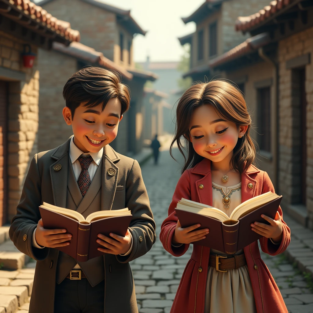  create image of "my struggle to learn English in a old village” , with 2 handsome and cute villager in very dashing dress reading book.