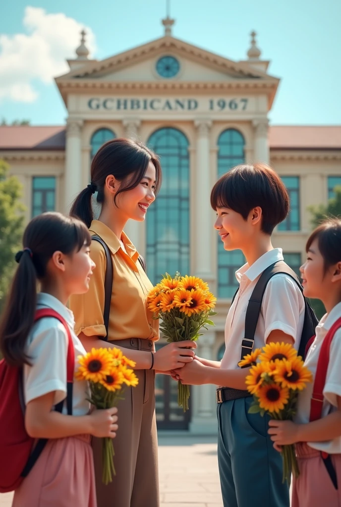 Photo for Education Day.We need a photo of the teacher and 1st grade students in classic clothing with multi-colored clothes standing happily in front of the school .The school needs to look big.The moment when the student gives flowers to the teacher.The types of people must be with cartoon characters.A female teacher