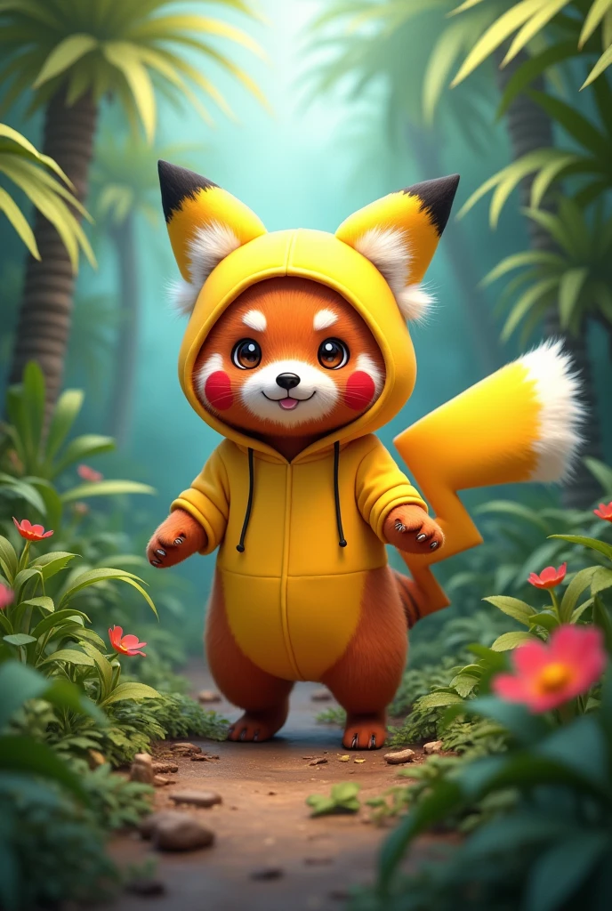 Red Panda in the jungle wearing pikachu outfit
