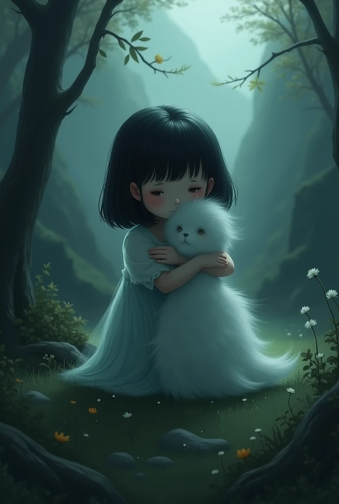 A  dark-haired girl hugging a spirit with tears in her eyes. 
In a valley of shadows
