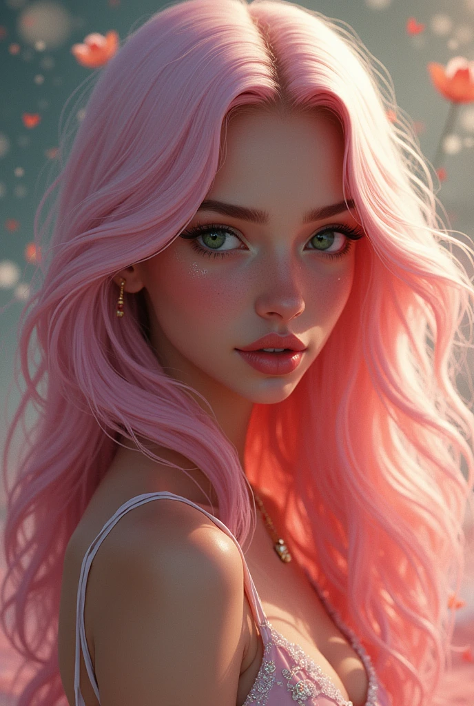 a age girl of brown Indian origin with dark green eyes and light pink hair