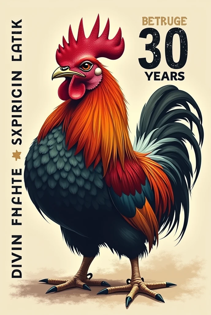 Predominant fighting cock design, with the number 30 years and on one side the text David Esteban. 