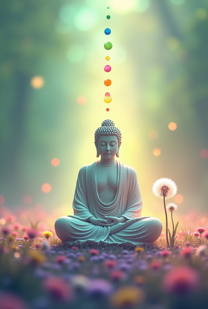 Une image zen . Couleur principal vert rose violet . Avec pissenlit qui vole . Et Les 7 chakras . Bouddha plan principal. Relaxation