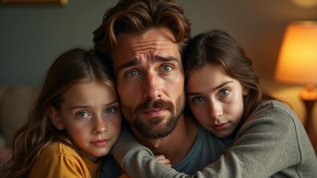 Ultra-realistic portrait of a man in his 40s. He has brown hair with a few white strands, a neatly trimmed beard and green eyes that reflect sadness and relief. His face is well defined and his expression suggests emotion and vulnerability. The portrait should be from the waist up. He is wearing a casual shirt.
The man is in a living room, embraced by two 1s, a teenage boy and a teenage girl, both with brown hair, all with expressions of support and solidarity. The environment should include elements such as a sofa and a lamp, but should be blurred so as not to distract from the main subjects.
The lighting should be soft and warm, with light from a lamp coming from above, creating subtle shadows that accentuate the subjects' emotional expressions. The light should highlight the eyes and the texture of the skin, emphasizing the seriousness and emotion of the moment.
The image should convey a sense of togetherness and relief, with a touch of vulnerability. Suggest a warm color palette, such as golds and browns, that complements the atmosphere of the living room.
The photo should be of high quality, with 8k rendering and extreme detail, capturing the emotional essence of the moment.