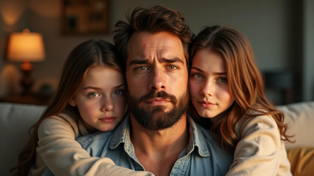 Ultra-realistic portrait of a man in his 40s. He has brown hair with a few white strands, a neatly trimmed beard and green eyes that reflect sadness and relief. His face is well defined and his expression suggests emotion and vulnerability. The portrait should be from the waist up. He is wearing a casual shirt.

The man is in a living room, embraced by two 1s, a  boy and a teenageboth with brown hair, all with expressions of support and solidarity. The environment should include elements such as a sofa and a lamp, but should be blurred so as not to distract from the main subjects.

The lighting should be soft and warm, with light from a lamp coming from above, creating subtle shadows that accentuate the subjects' emotional expressions. The light should highlight the eyes and the texture of the skin, emphasizing the seriousness and emotion of the moment.

The image should convey a sense of togetherness and relief, with a touch of vulnerability. Suggest a warm color palette, such as golds and browns, that complements the atmosphere of the living room.

The photo should be of high quality, with 8k rendering and extreme detail, capturing the emotional essence of the moment.