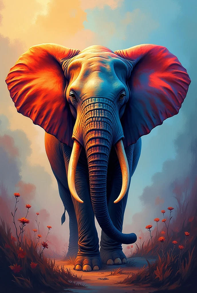 Picture of an elephant, abstract with many colors, that looks aesthetically beautiful enough to put in a painting, that is not hyper realistic or animated