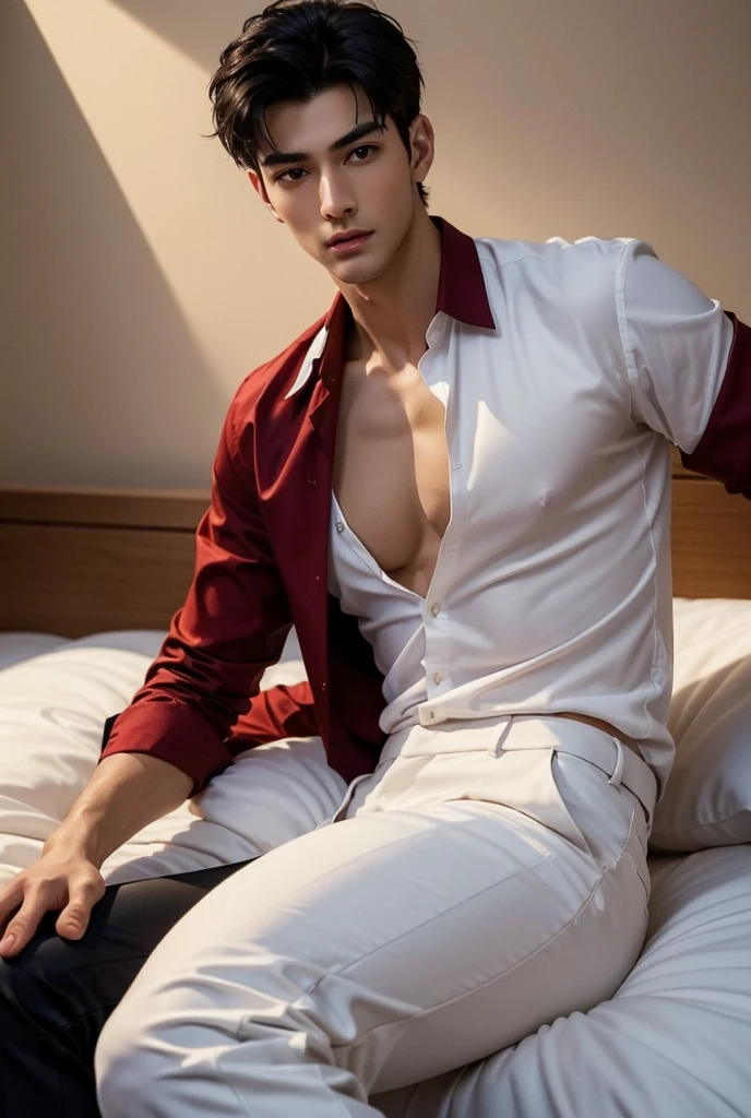 (masterpiece, excellent picture quality, super delicate, ultra high detailed), (excellent light and shadow, delicate and beautiful), a tall handsome muscular young man, smooth skin, a hot glow in his skin, bright face, sexy gaze, sexy expression, sexy posture, wearing exquisite (red open shirt) and (black pants), lying in the big bed, beautiful, gorgeous, wet,