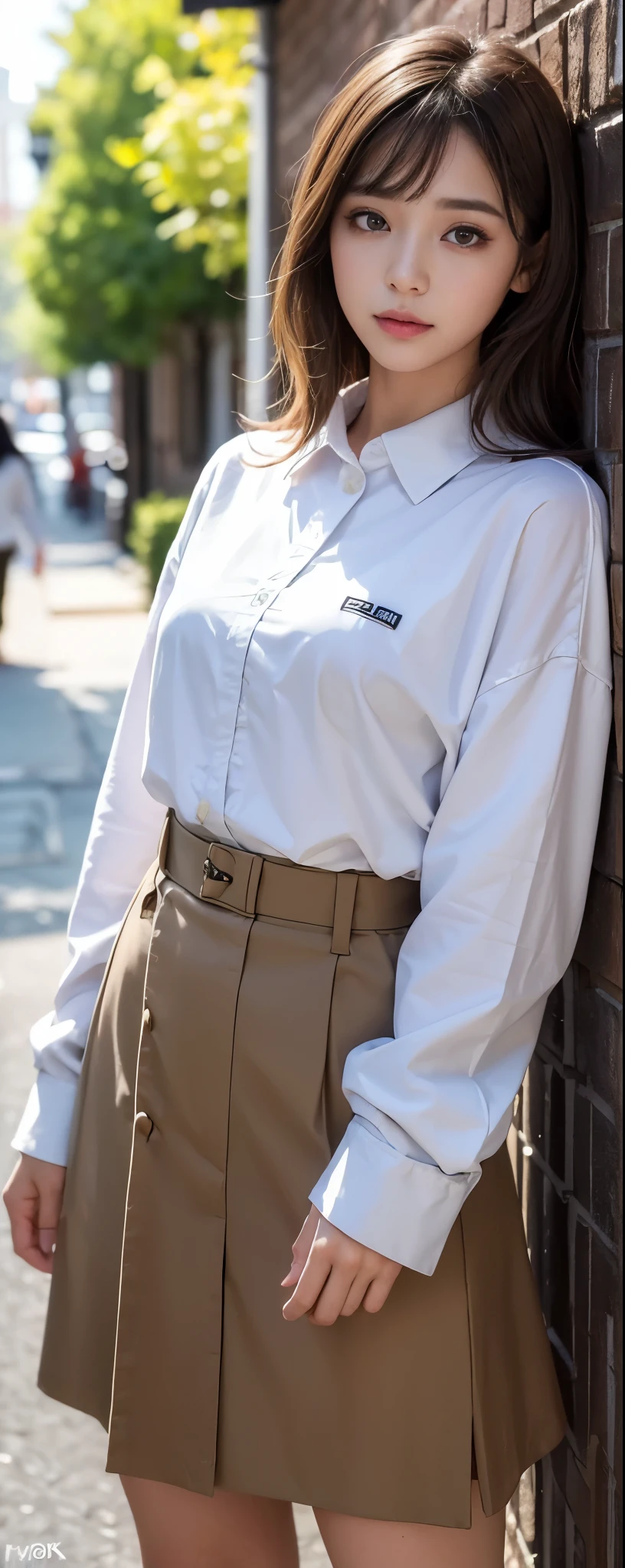 ((top-quality, 8K, masterpiece:1.3)), sharp focus:1.2, Beautiful Women in Perfect Style:1.4, Slender Abs:1.2, wearing oversize sweat shirts:1.5, wide long skirt, ((dark brown hair:1.2)), (natural soft light, City Street:1.1, autum), Highly detailed facial and skin texture, A detailed eye, natural makeup:0.7, double eyelid, uniform, Female,ld