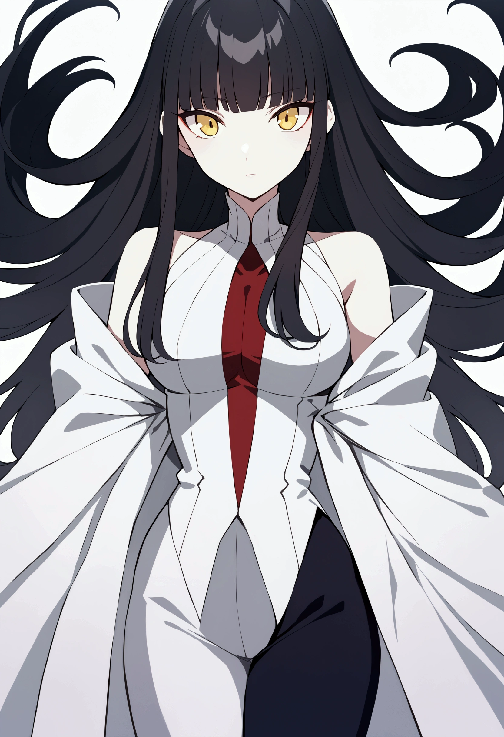 Anime version of JUJUTSU NO KAIZEN, A white woman, with a good figure, long black hair with white streaks in the hair, bright yellow eyes