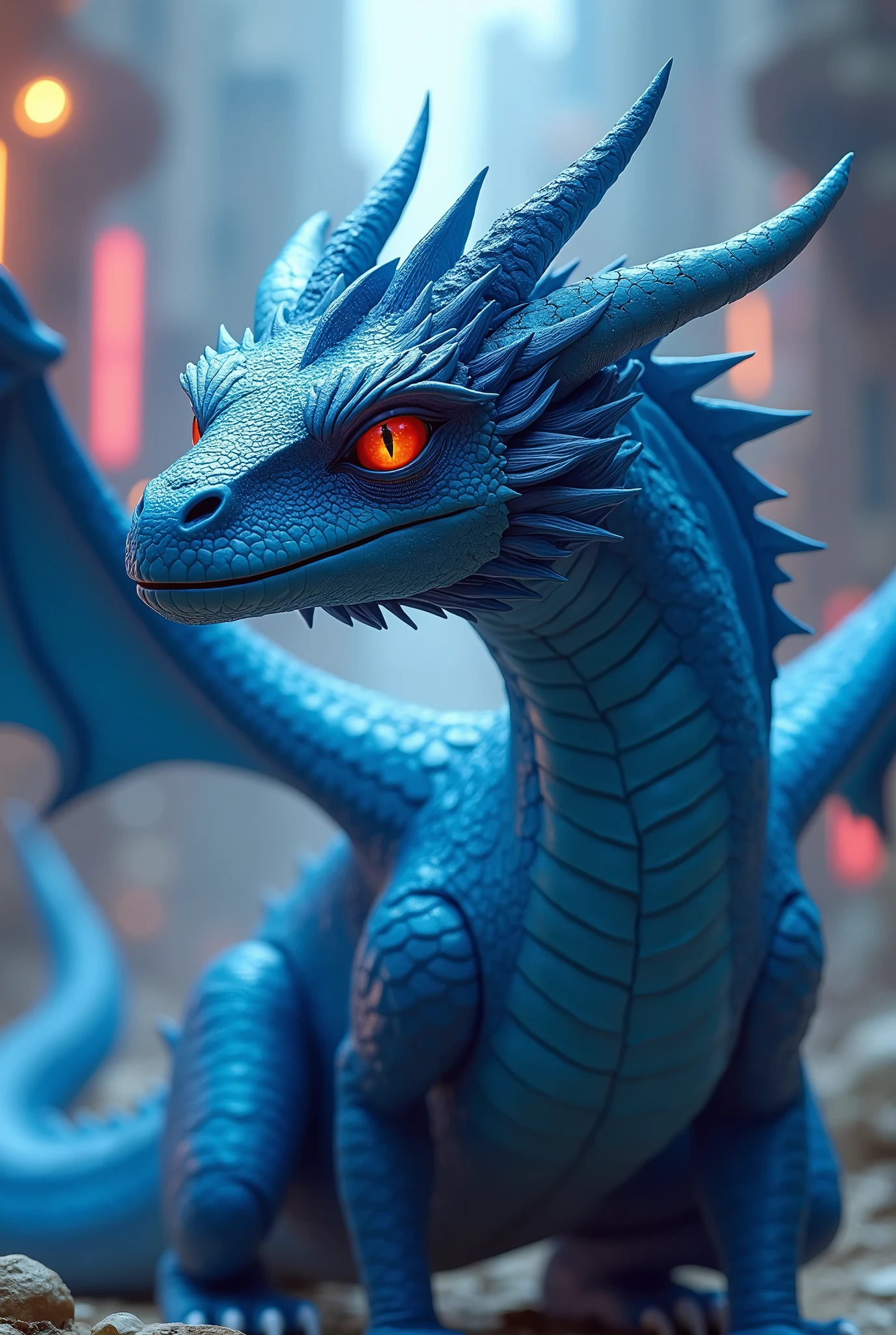 A red-eyed blue dragon wearing virtual reality goggles 