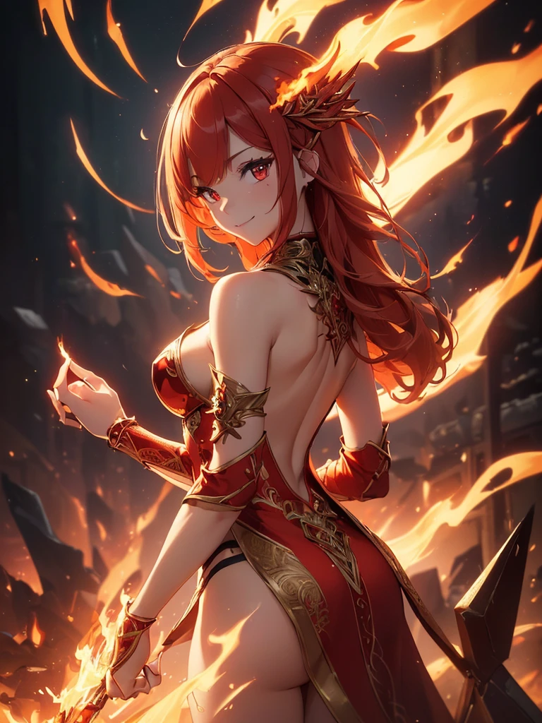(((best quality, sharp image, clear image, cinematic lighting, 8k resolution, masterpiece, ultra detailed, intricate))) Girl, sorcerer, cute, intricate dress, smiling, fiery red, ((intricate background)), (rune frame), dimension, ((shot from behind)), fire sigils, chaotic background, ((half-body shot))