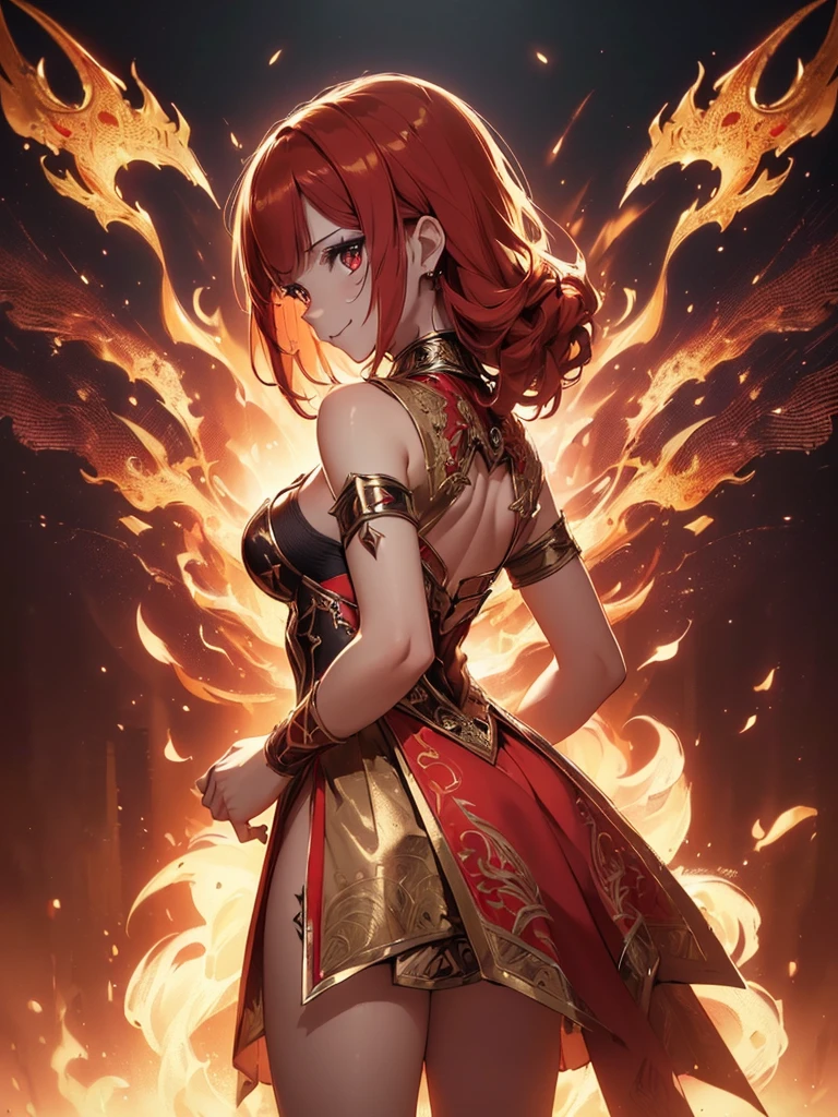 (((best quality, sharp image, clear image, cinematic lighting, 8k resolution, masterpiece, ultra detailed, intricate))) Girl, sorcerer, cute, intricate dress, smiling, fiery red, ((intricate background)), (rune frame), dimension, ((shot from behind)), fire sigils, chaotic background, ((half-body shot))