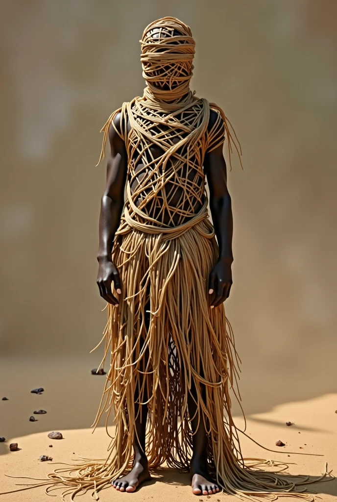 African man with face and body covered in straw on a dirt floor