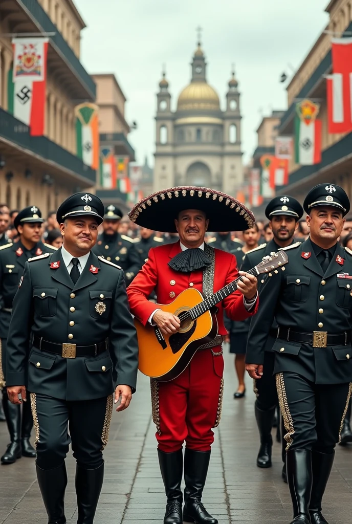 Nazis on view at Mexico City&#39;s Zocalo, Taking a photo with a Mexican mariachi, everyone is happy and having fun