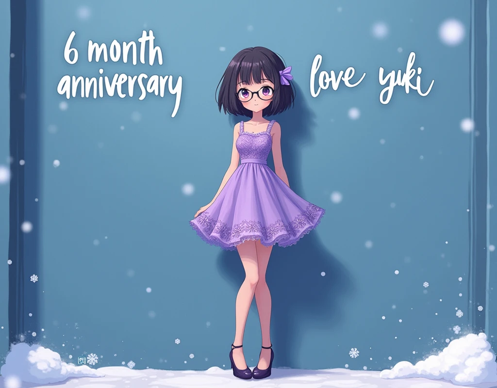 lace, Purple dress，school girl, glasses, short skirt，whole body，high heels，smile，student，lovingly looking at camera, snowflakes, Blue wall background with writing "6 month anniversary, love Yuki"