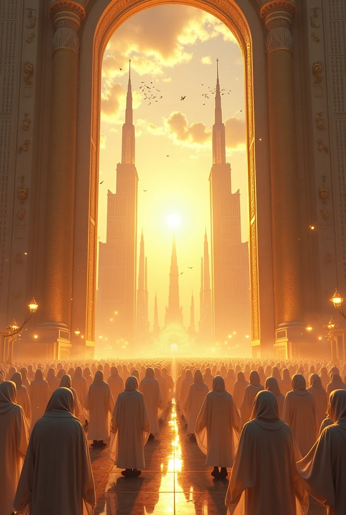 A vast crowd of people in white robes walking towards a colossal, ornate golden gate that opens into a radiant, sunlit utopian city. The gate is adorned with classical statues and framed by two towering pillars. The sky is ablaze with the warm glow of sunset, scattered with birds in flight, and the path leading to the gate is lined with ethereal floating lanterns. The city skyline features futuristic skyscrapers and spires, suggesting a blend of ancient and modern architecture.