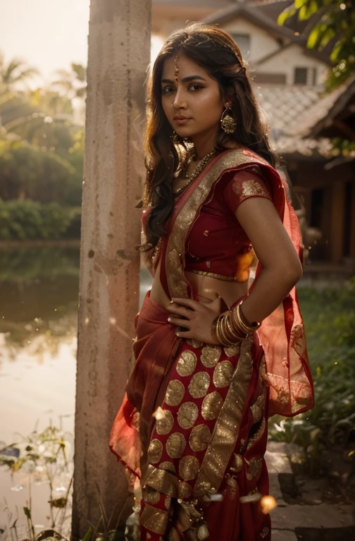 (((desi girl))), chubby face, natural skin, wearing red bridal saree, charming black hair, ((hair ends are blonde)), greenary village background, bokeh