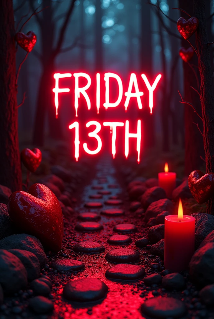 Make a party invitation with red and black colors, neon effect, The title will be Friday 13th, There will be hearts, broken hearts with blood on the sides, candles, remaining, path of rocks and decorations