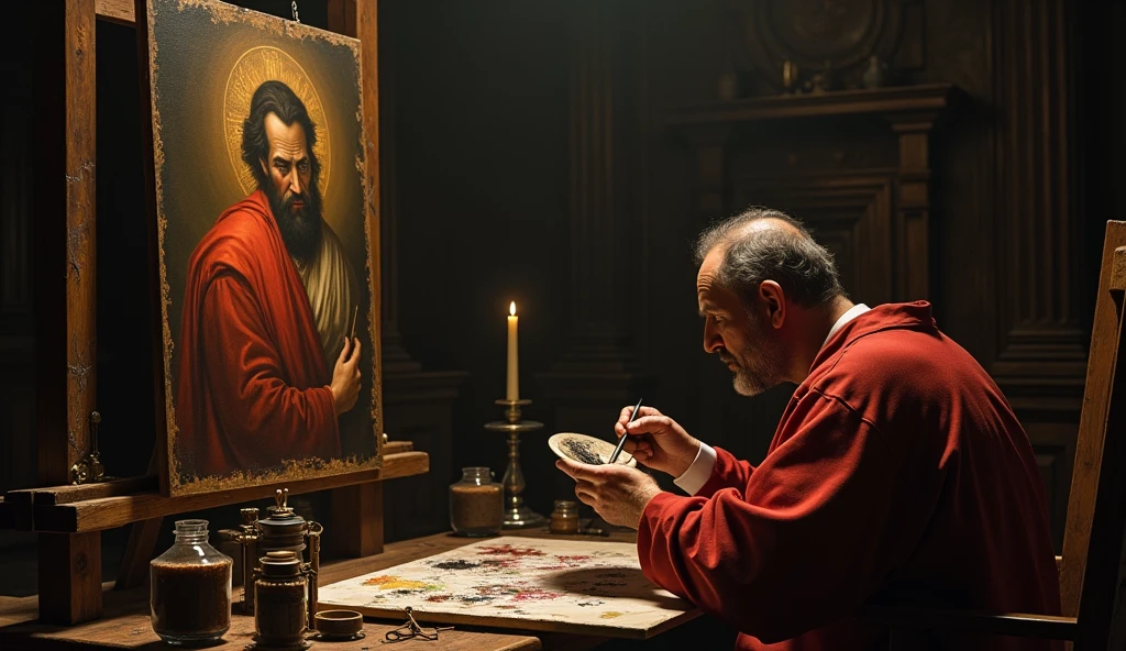 Caravaggio in a room painting the picture of Saint Matthew Renaissance period