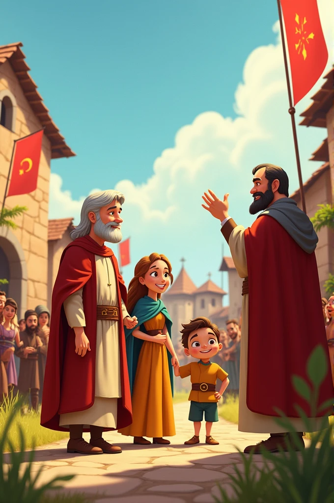 John, Mary, peter e father Anselmo estão em destaque, looking to the horizon with hope and determination. Ao fundo, the medieval village celebrates with flags flying and happy peasants. father Anselmo abençoa a todos com um gesto suave, enquanto John, Firm and confident, está ao lado de Mary, who smiles with relief. peter, young and optimistic, looks to the future with a sparkle in his eyes. The scene has a warm and vibrant palette, symbolizing a new beginning, with soft and attractive cartoon-style features.
father,peter e Mary são adultos