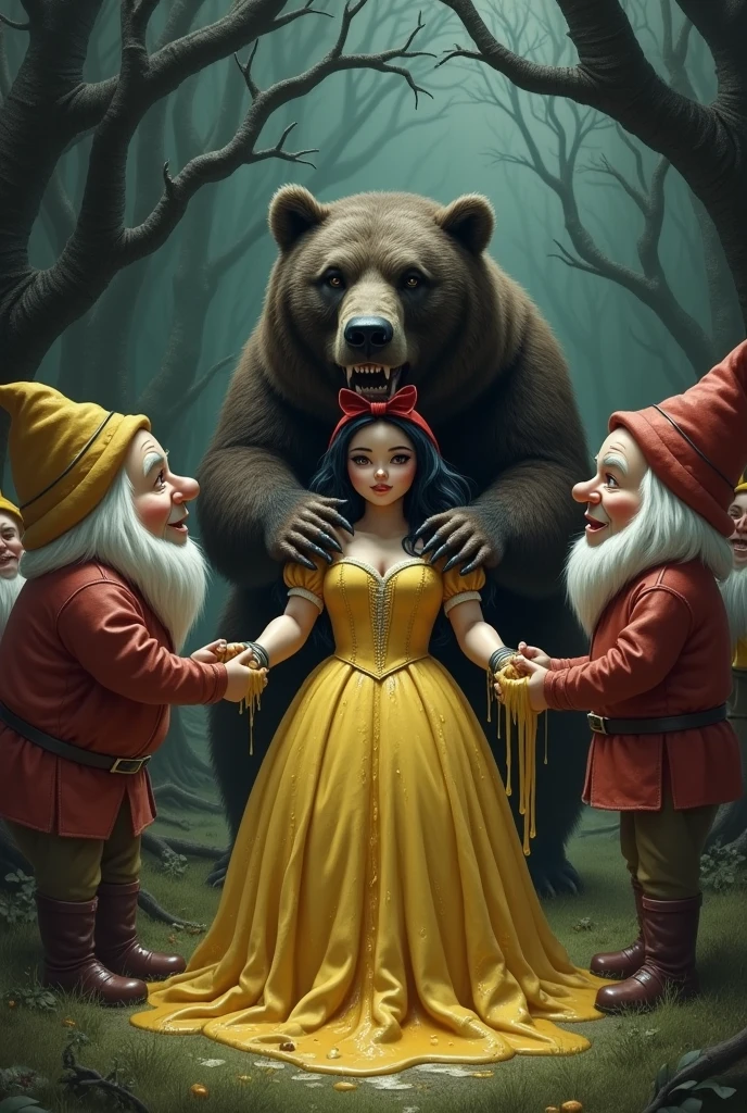 7 Dwarfs tied snow white and put honey on her
,then bear came and put loot of honey on her