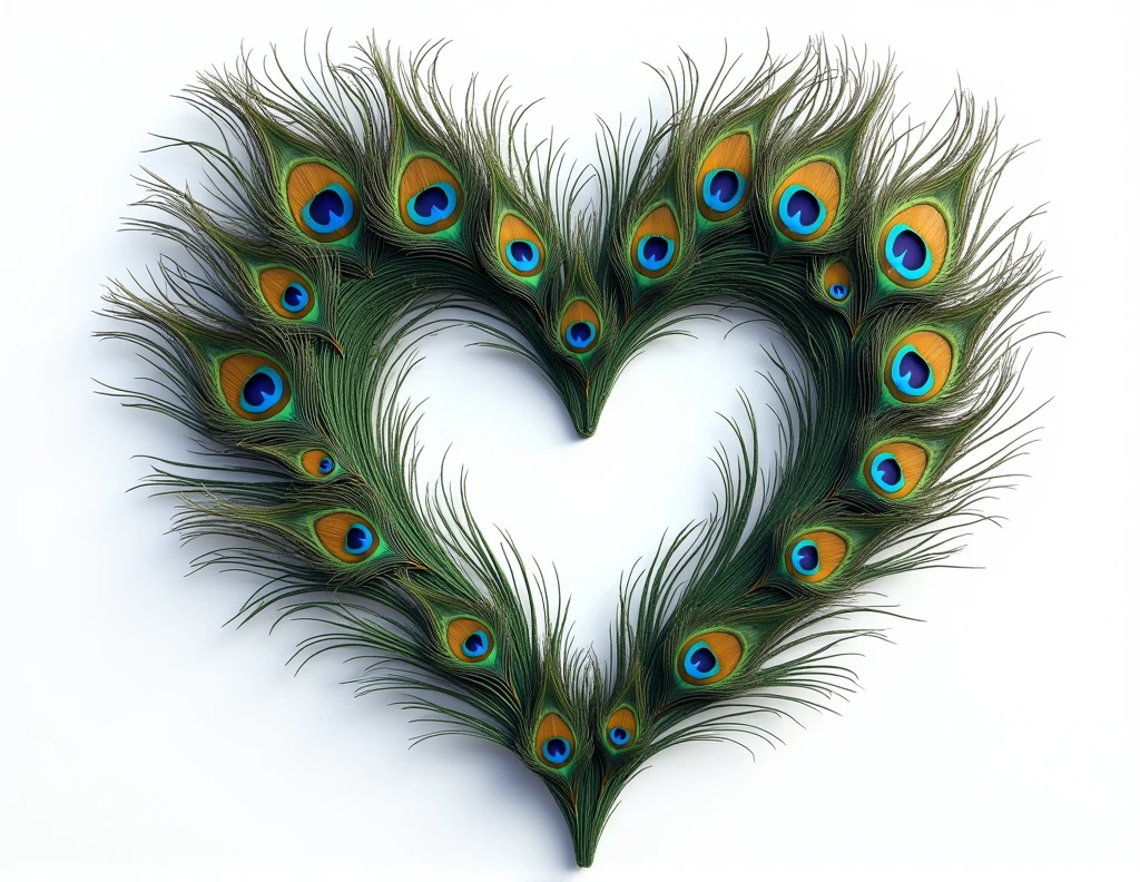 heart shape made with peacock feathers background white