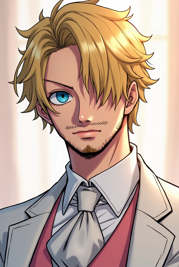 Create a One Piece character in Sanji fanart, a man with blue eyes, "by rubio", his face with a beard and a little mustache, covering his right eye, with swirly eyebrows, Elegant white and blush wedding suit, but with eyes closed