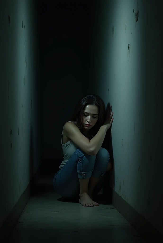 Woman huddled against the wall in a dark place