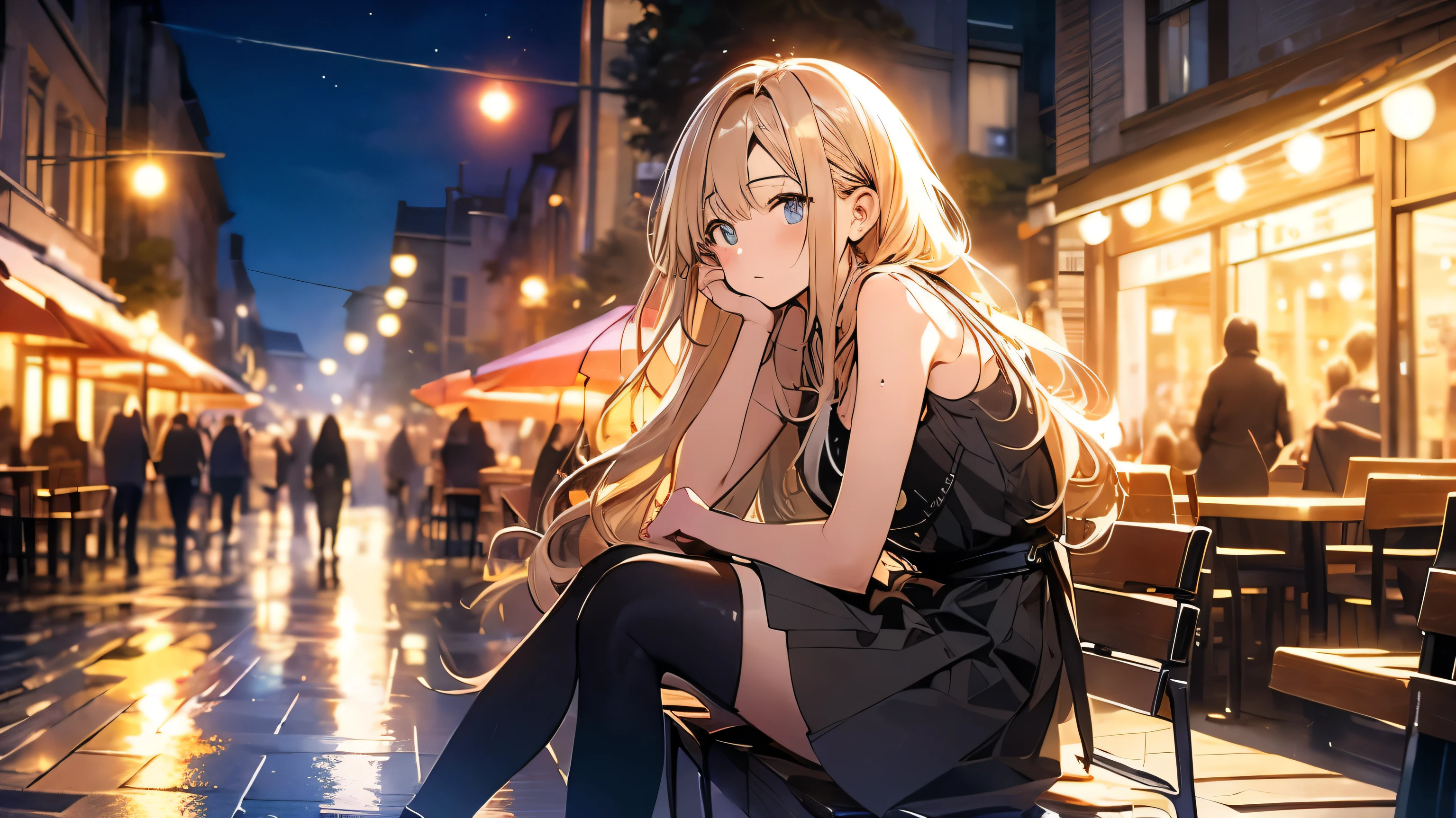 high resolution、Gazing at the sky、Young woman with long, messy, windblown blonde hair、The woman is wearing a sleeveless dress, Tight fitting clothes that show off your body lines、mini skirt、A sad expression、A woman sits alone at an outdoor cafe at night, The warm glow of street lamps and the interior lights of the cafe illuminate the scene., Many stores are closing and it&#39;s getting dark、Earrings、Reflection on a wooden table, The overall atmosphere is calm、It&#39;s a bit depressing,She is gazing pensively into the distance、. She has an air of quiet contemplation., In the background is a street lined with shops,And the night sky above is clear、Some stars are visible.