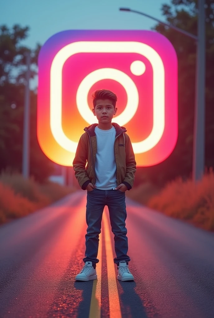 A boy standing on road with Instagram logo