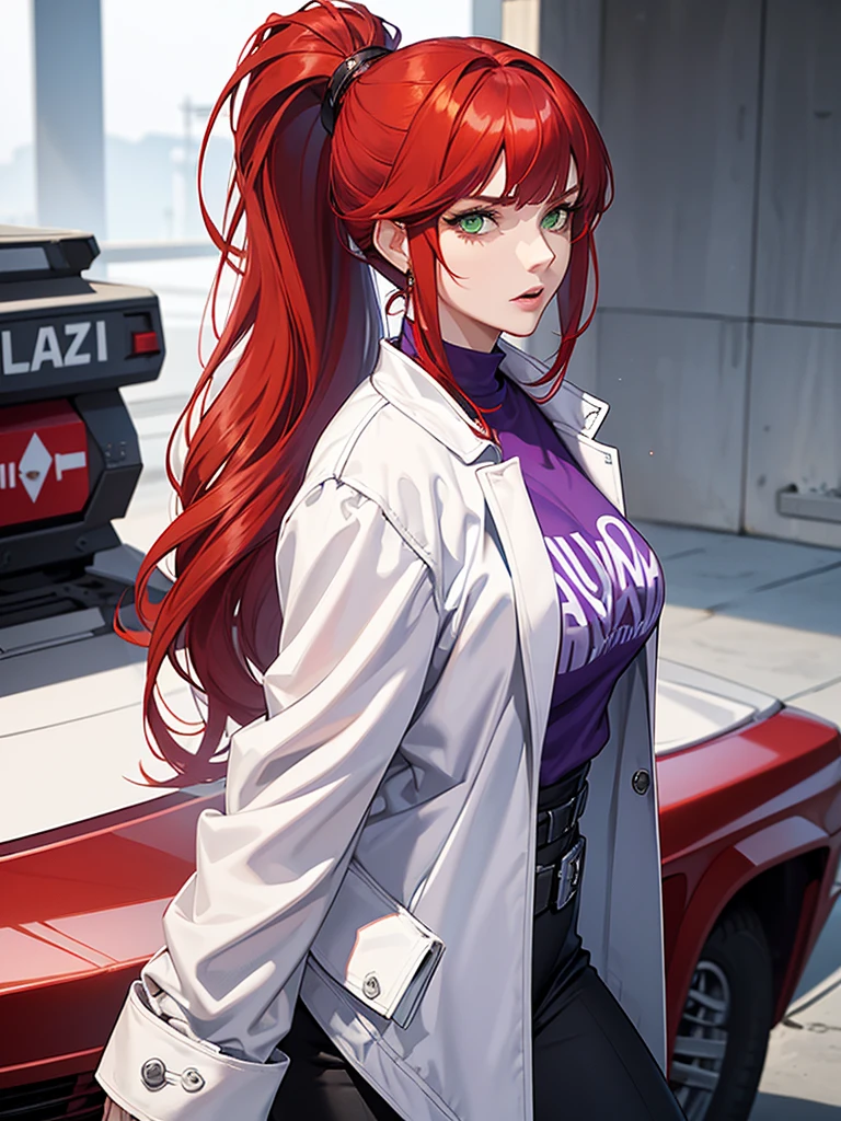 green eyes, red hair with long bangs, noble. wavy long hair. strong woman. she quiet. wear purple t shirt. dominant woman. mafia. mature woman. girl boss. badass woman. gangster. hair so long have bangs. gangster. wear winter white jacket. red hair. ponytail