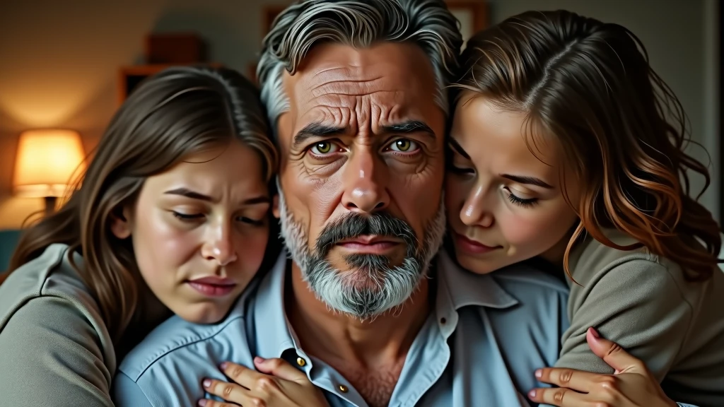 Ultra-realistic portrait of a man in his 40s. He has brown hair with a few white strands, a neatly trimmed beard and green eyes that reflect sadness and relief. His face is well defined and his expression suggests emotion and vulnerability. The portrait should be from the waist up. He is wearing a casual shirt.
The man is in a living room, embraced by two s and a woman, both with brown hair, all with expressions of support and solidarity. The environment should include elements such as a sofa and a lamp, but should be blurred so as not to distract from the main subjects.
The lighting should be soft and warm, with light from a lamp coming from above, creating subtle shadows that accentuate the subjects' emotional expressions. The light should highlight the eyes and the texture of the skin, emphasizing the seriousness and emotion of the moment.
The image should convey a sense of togetherness and relief, with a touch of vulnerability. Suggest a warm color palette, such as golds and browns, that complements the atmosphere of the living room.
The photo should be of high quality, with 8k rendering and extreme detail, capturing the emotional essence of the moment.