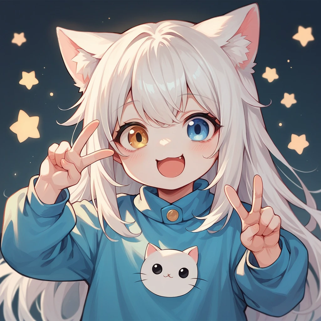 1girl, cute girl, child, white hair, blue eyes, heterochromia, bangs, long hair, white skin, cat ears, blue cute outfit, happy, peace