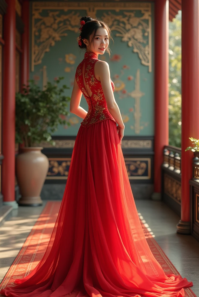 A cute woman wearing a red cheongsam with floral patterns, short sleeves and long legs, in a palace background.