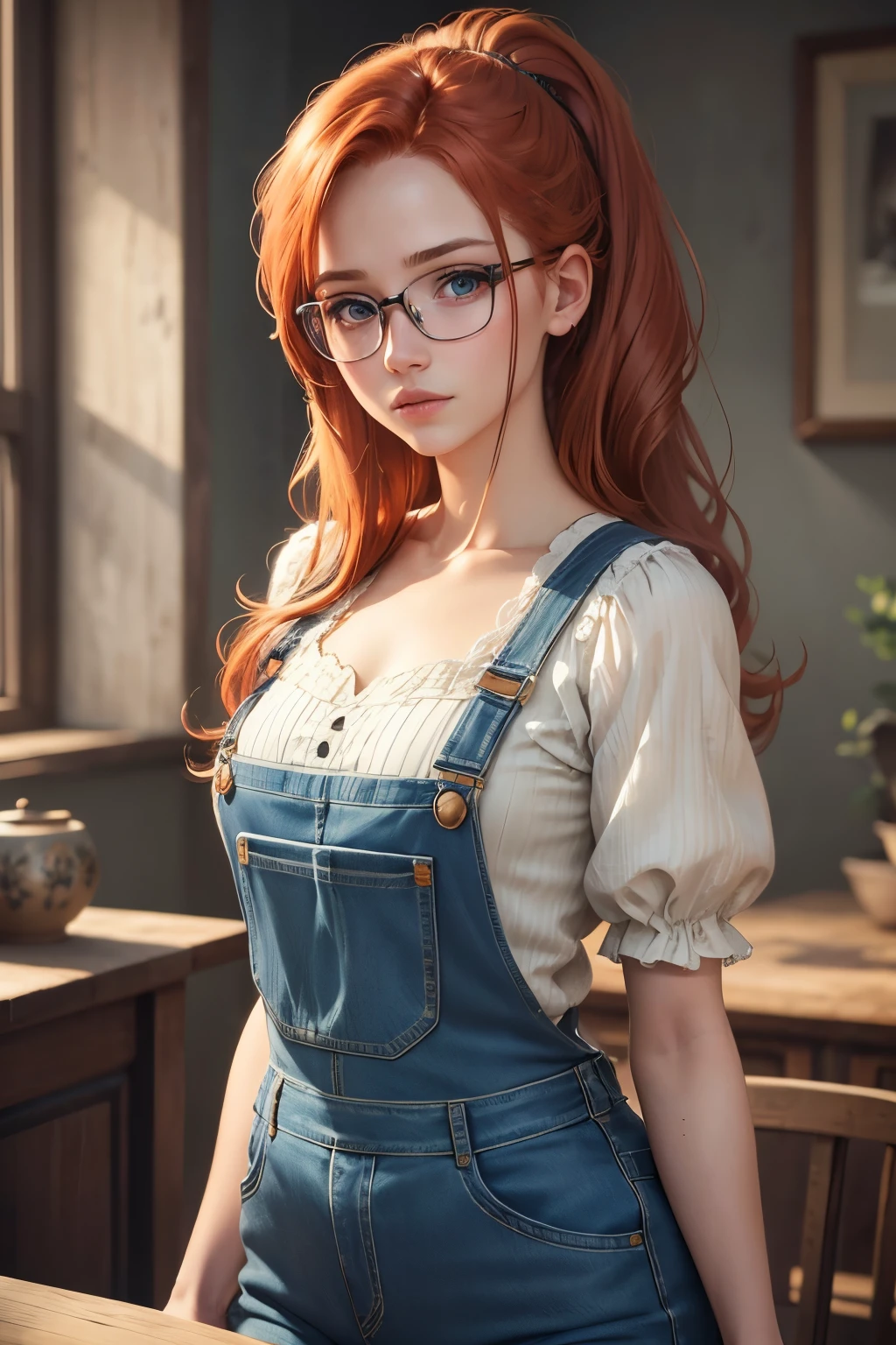1 redhead girl, messy long hair in ponytail, glasses, denim overalls, beautiful detailed eyes, beautiful detailed lips, extremely detailed eyes and face, long eyelashes, (best quality,4k,8k,highres,masterpiece:1.2),ultra-detailed,(realistic,photorealistic,photo-realistic:1.37),portrait,natural lighting,dramatic lighting,vivid colors,warm color palette,highly detailed,intricate details,atelier background