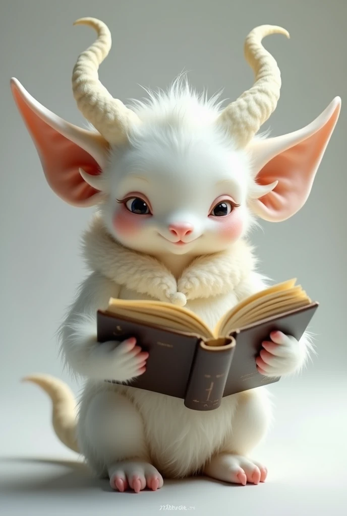 A white tiefling sock, half fauna (deerstalker). Tem orelhas de deerstalker, white tielfing horns and carries an open book.