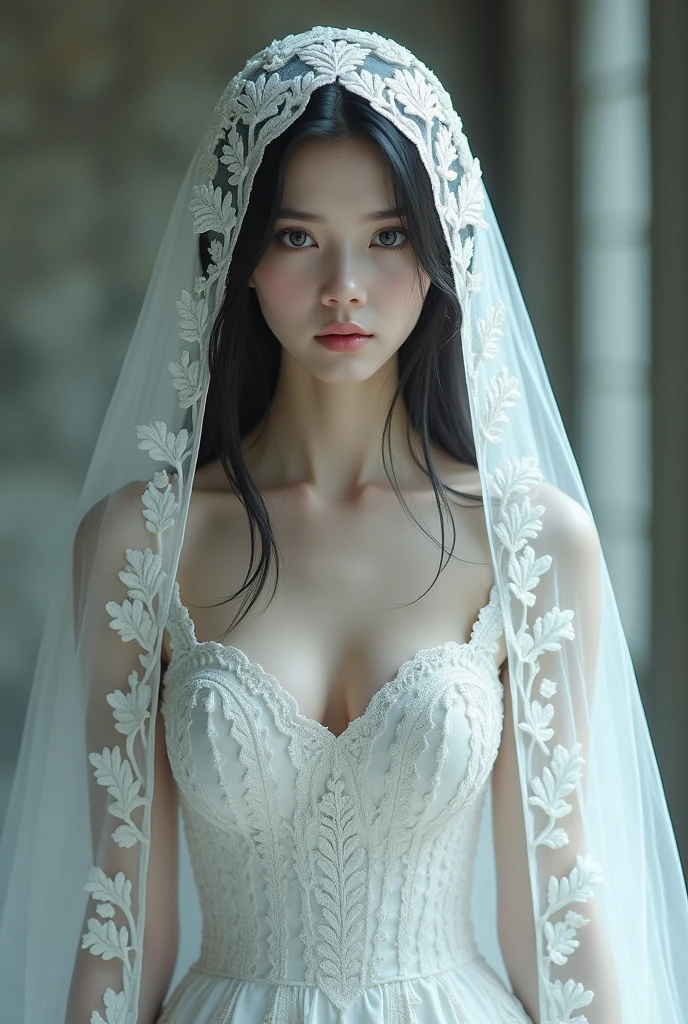 A white woman with black hair and gray eyes. Her hair is covered by a hood., small strands of hair appearing to frame your face, and although his face is respectfully solemn, her full lips white wedding dress embroidered with oak leaves with slits on both legs, the sleeves of the dress are cut out of white fabric panels 