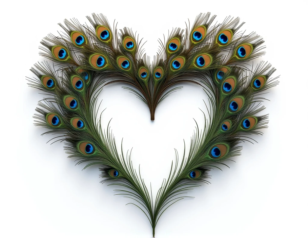 heart shape made with peacock feathers background white
