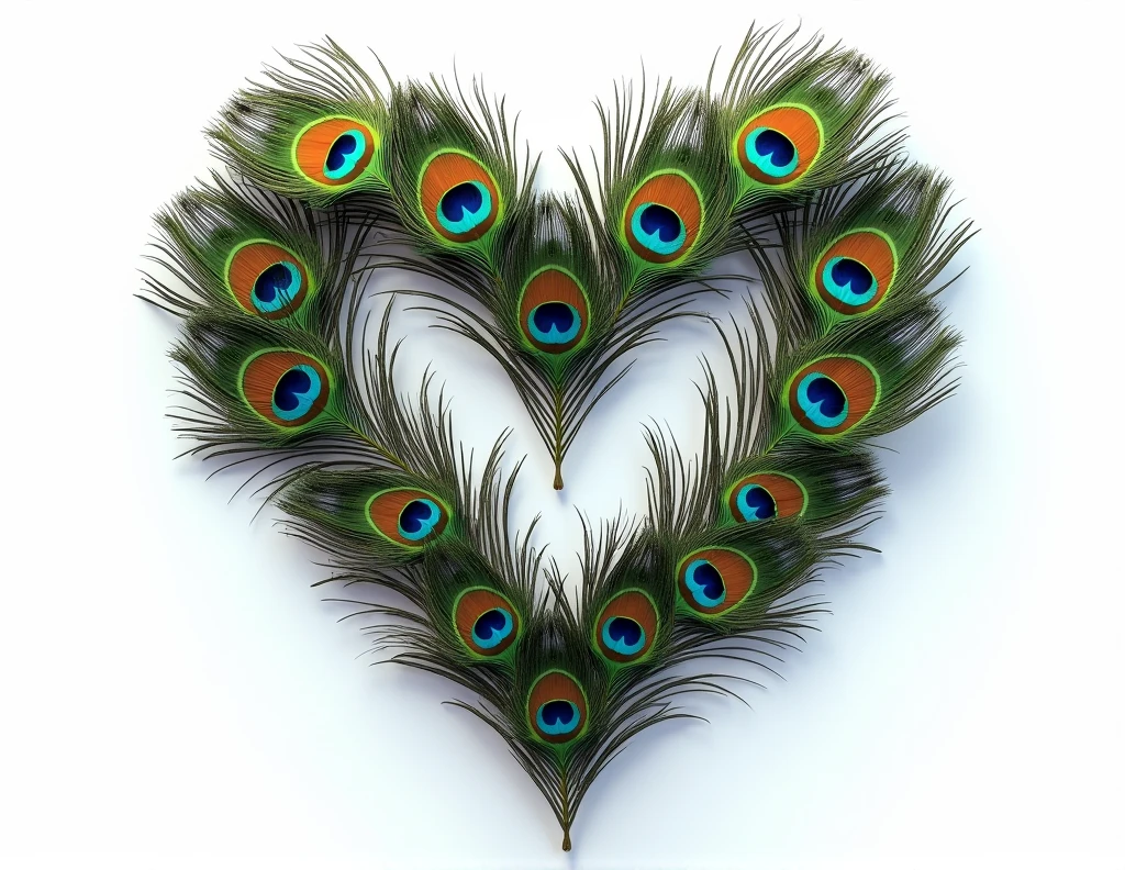 heart shape made with peacock feathers background white
