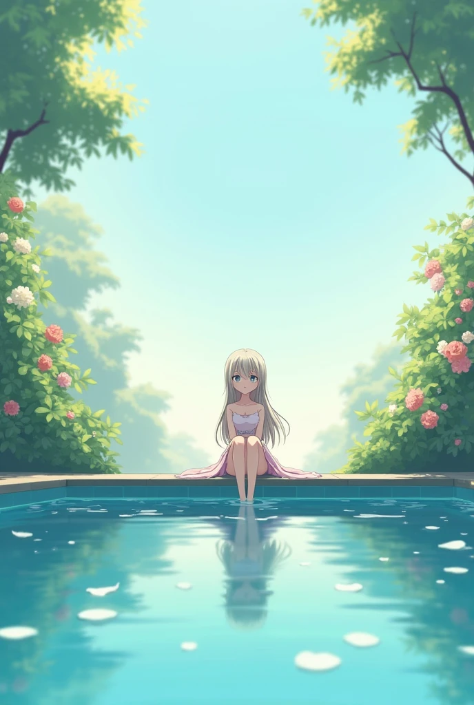 An anime girl sitting on the edge of a pool