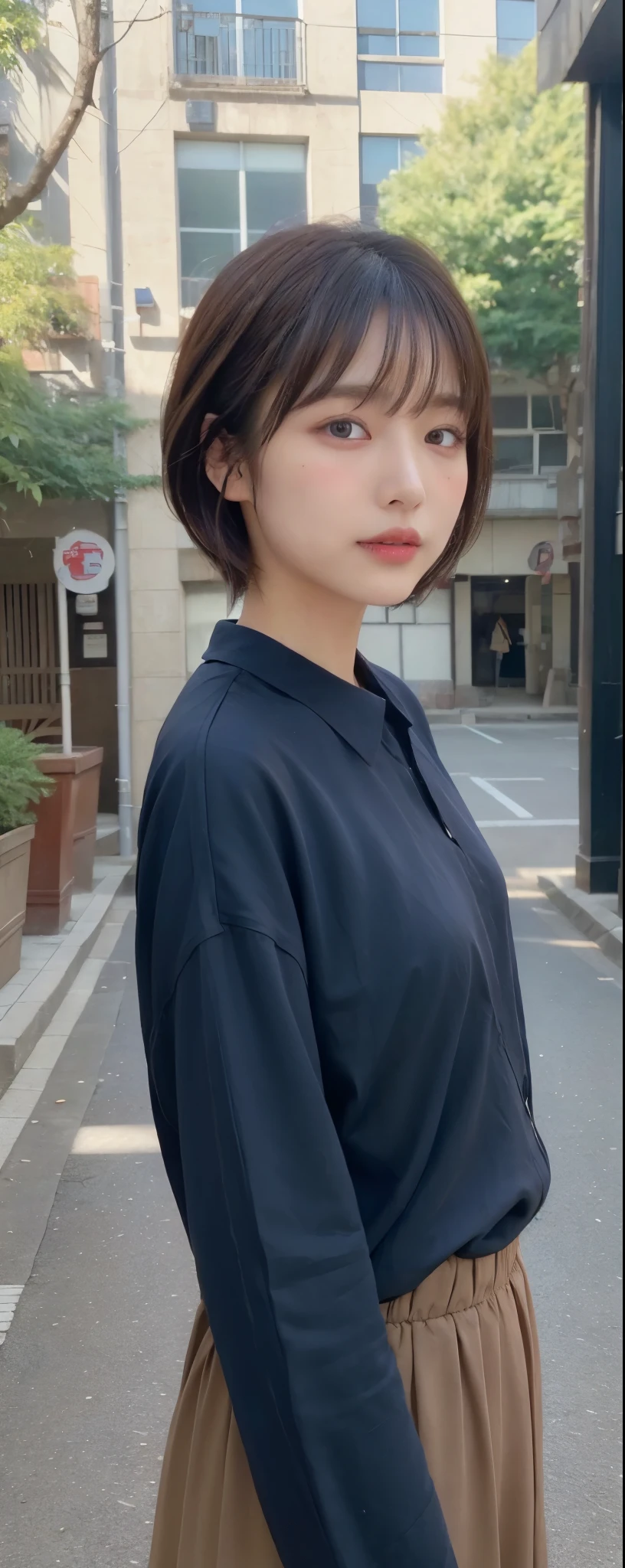 ((top-quality, 8K, masterpiece:1.3)), sharp focus:1.2, Beautiful Women in Perfect Style:1.4, Slender Abs:1.2, wearing oversize sweat shirts:1.5, wide long skirt, ((dark brown hair:1.2)), (natural soft light, City Street:1.1, autum), Highly detailed facial and skin texture, A detailed eye, natural makeup:0.7, double eyelid, uniform, Female,ld