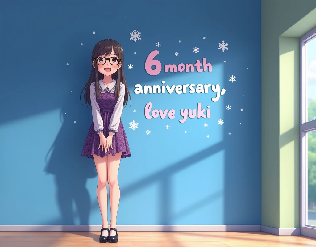 Animation, lace, Purple dress，school girl, glasses, short skirt，whole body，high heels，smile，student，lovingly looking at camera, snowflakes, Blue wall background with writing "6 month anniversary, love Yuki"