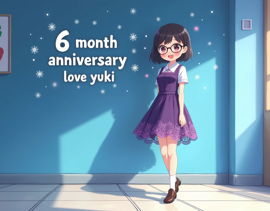 Animation, lace, Purple dress,school girl, glasses, short skirt,whole body,high heels,smile,student,lovingly looking at camera, snowflakes, Blue wall background with writing "6 month anniversary, love Yuki"