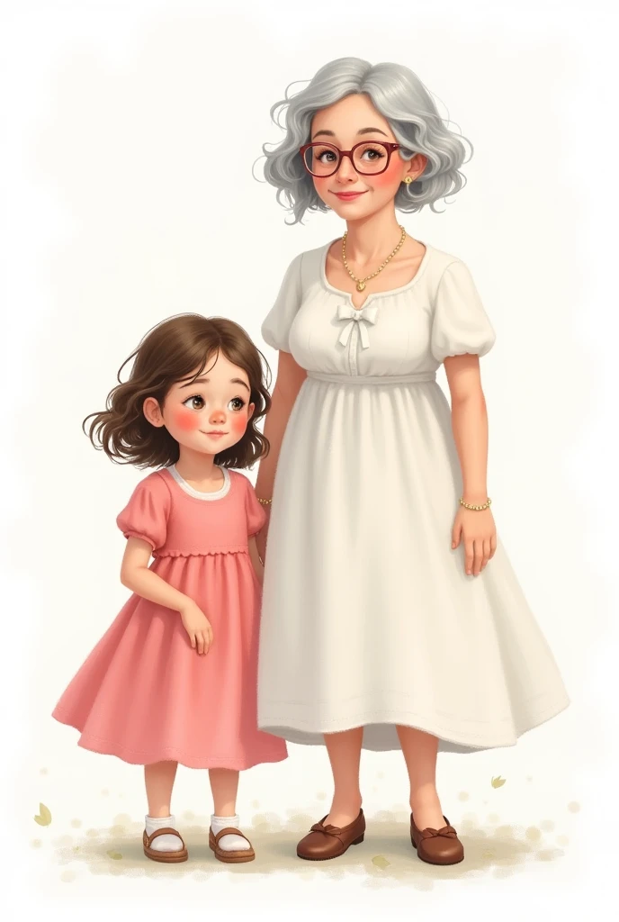 A 2D drawing of a brunette girl with short, loose hair wearing a pink dress and a transparent background and her aunt who has a white dress and curly, gray hair.