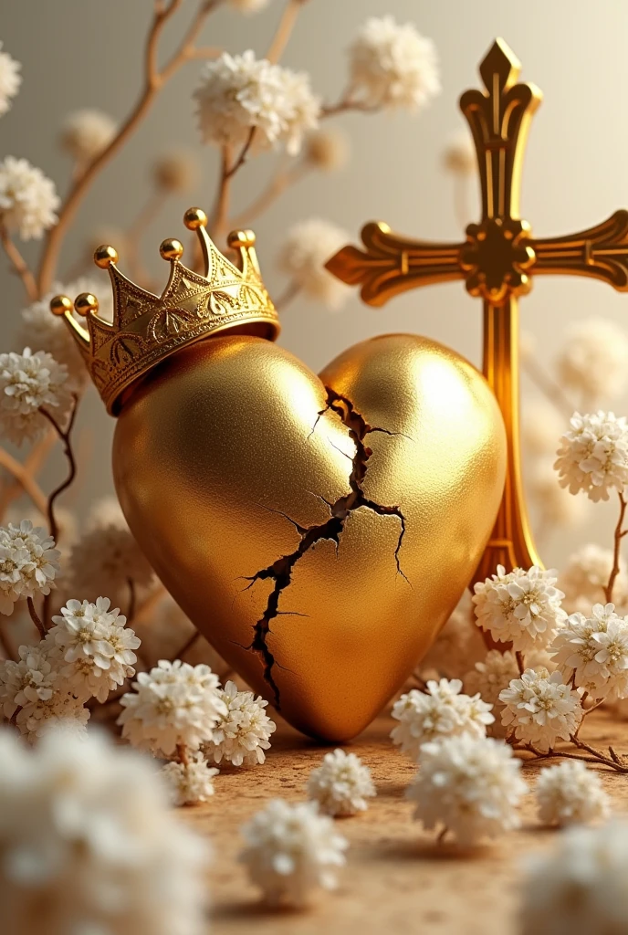 A crooked heart( distorted) 3D gold with a glamorous crown in the corner of the heart, with gypsophila flowers in the background and a well-designed cross next to it 