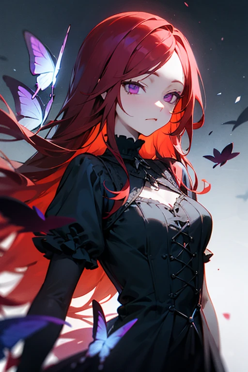 cold face expression, wearing gothic dress, having Butterfly wing on back, long red hair, purple eyes, having magic
