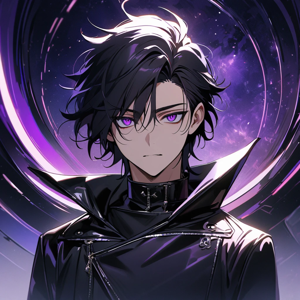 High quality, HD, 4k, no shadows, handsome male, handsome, extremly handsome, 1male, 1 male, teenager, pure black hair, short black hair, dark hair, black hair, jet black hair, sharp eyes, deep purple colored eyes, dark purple colored eyes, deep violet eyes, violet eyes, devil may cry, close up, calm expression, stoic expression, black leather clothes, black leather clothing, leather clothing, lean body, well trained body, upper body, looking at viewer, cowboy shot, white solar, space background